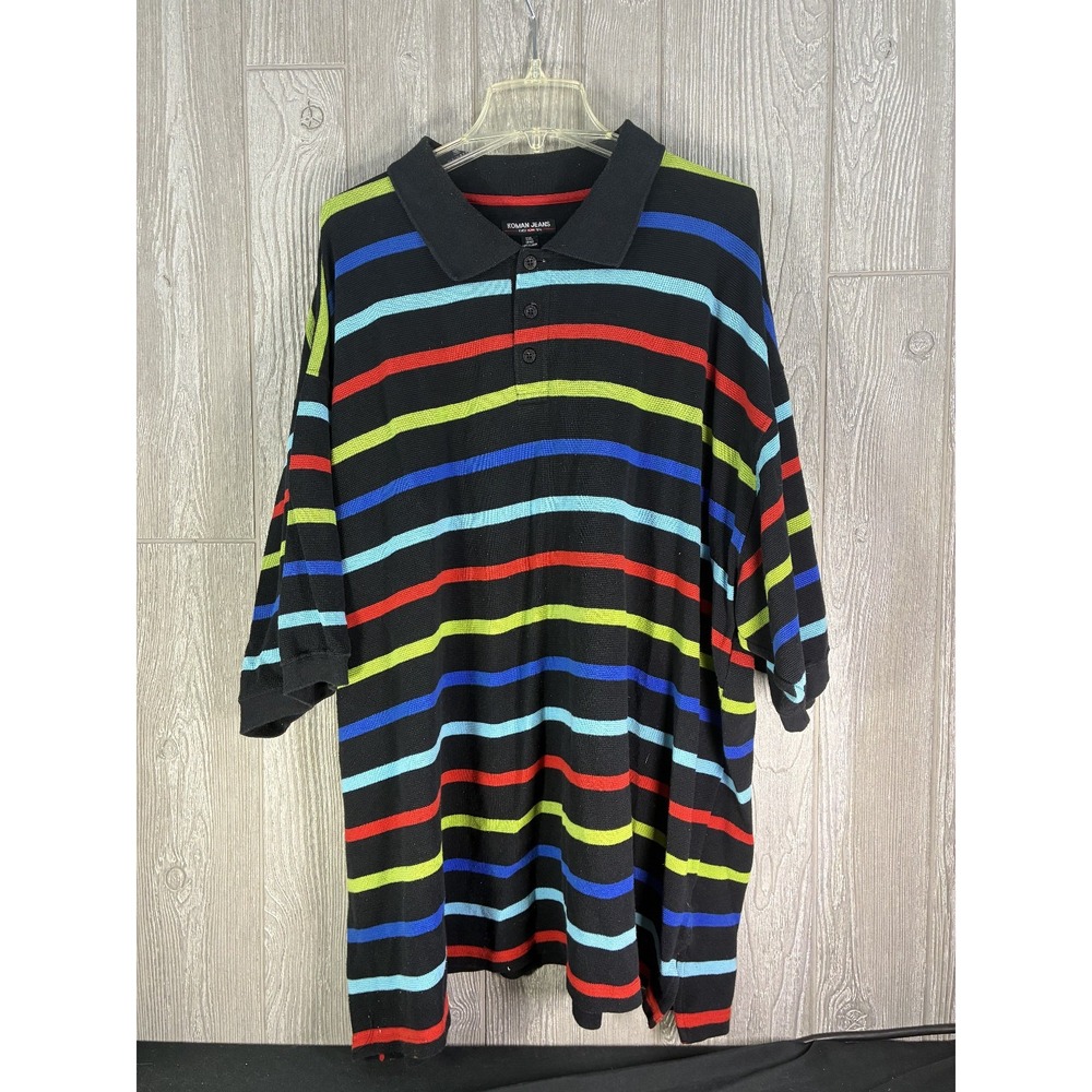 Koman Jeans Mens 3XL Big Vintage Polo Shirt Black Rainbow Stripe 90s Hip Hop Y2K